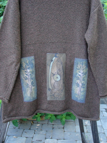 1998 Alpaca Patched Simple Tunic Sweater Mixed Forest Tweed OSFA, showcasing nature-themed patches, rolled mock collar, ribbed sleeves and hem, dropped shoulders, and a unique A-line shape.