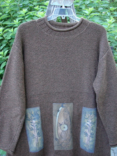 1998 Alpaca Patched Simple Tunic Sweater in Mixed Forest Tweed OSFA, featuring rolled mock collar, ribbed sleeves and hemline, dropped shoulders, nature-themed patches, and Blue Fish signature patch.