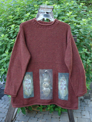 1998 Alpaca Patched Simple Tunic Sweater Autumn Fall Sprig Tweed OSFA, featuring nature-themed patches, a rolled mock collar, and ribbed patterning on sleeves and hem, with a Blue Fish knitted signature patch.