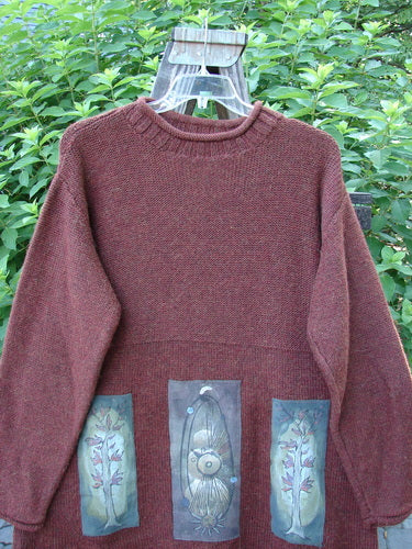 1998 Alpaca Patched Simple Tunic Sweater Autumn Fall Sprig Tweed OSFA featuring nature-themed patches, rolled mock collar, ribbed sleeves and hemline, dropped shoulders, and oversized A-line shape with Blue Fish knitted signature patch.