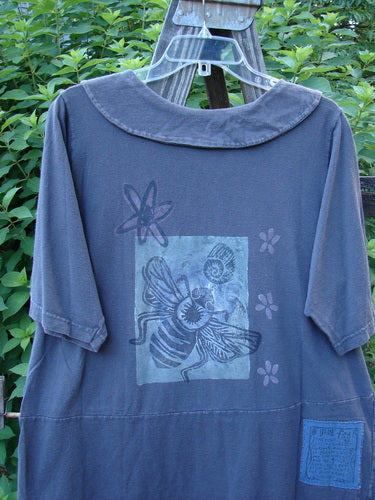 1994 Cross Collar Top Garden Bugs Blue Coal Size 1, featuring a bee motif, sailor collar, original buttons, and cross stitch accents, showcasing vintage Blue Fish Clothing's creative and collectible essence.