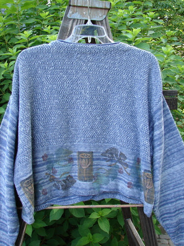 Image alt text: "1994 Crop Cardigan Sweater featuring leaf and pod theme, Haiku Blue Melange, OSFA"