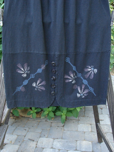 1997 NWT Indra Skirt Abstract Floral Obsidian Size 1 featuring a full elastic waistline, double-paneled lower, mix-matched colorful buttons, and sweet loop closures with abstract floral designs.