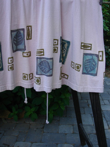 1993 Jazz Dress Star Leaf Ash Pink Size 1 with blue and green textile designs, featuring a wide A-line shape, inverted triangular neckline, rear cord lacings, and signature 1993 Blue Fish patch.