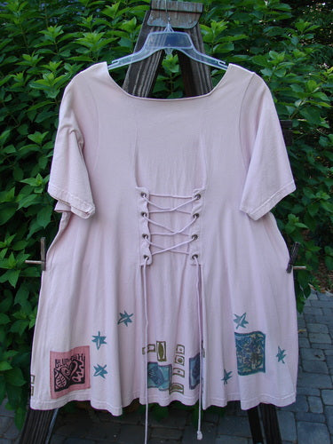 1993 Jazz Dress Star Leaf Ash Pink Size 1 with lace-up front, wide A-line shape, and unique triangular neckline accent. Features signature 1993 paint and Blue Fish patch.