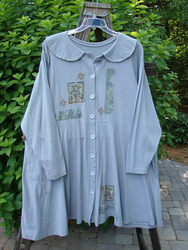 1994 Poppy Dress with belief spirit magic theme paint and Blue Fish patch. Long blue shirt on a swinger with a design.