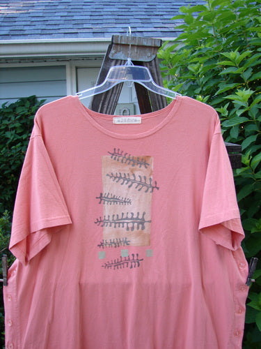 1997 Mauritius Top Fern Fish Tangerine OSFA displayed on a hanger, showcasing textured floral buttons, tall side vents, and a wider, longer square cut with slight lower bell shape.