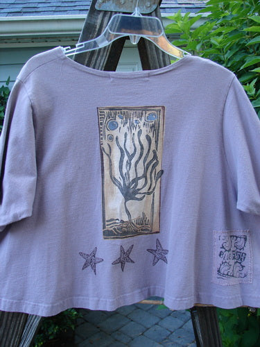 1997 Cove Jacket Star Fish Coral Reef Jasmine Size 1, featuring a cropped A-line shape, V neckline, porcelain button, bright blue fish patch, and two small rounded painted pockets.