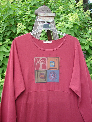 Barclay Hemp Cotton Curved A Line Dress Tree of Life Hollyberry Size 2 features a graphic Tree of Life theme along the hem, extra long length, wide A-line shape, and cozy sleeves.