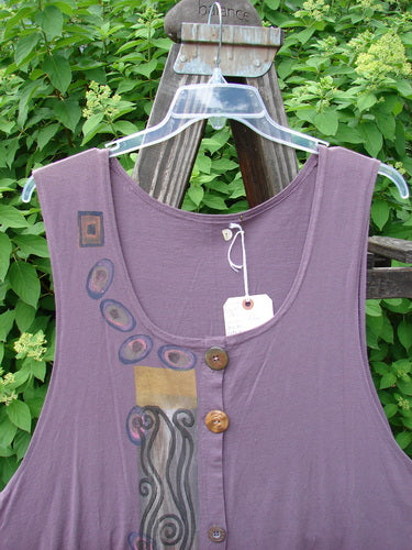 1993 NWT Long Column Vest Metallic Column Dusty Plum OSFA displayed on a swinger, showcasing deeper arm openings, a deep oval neckline, vertical metallic paint, and wooden-like buttons.