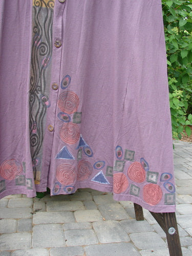 1993 NWT Long Column Vest Metallic Column Dusty Plum OSFA featuring deeper arm openings, widening lower sweep, deep oval neckline, vertical metallic paint, and vintage wooden buttons, displayed in a close-up shot.