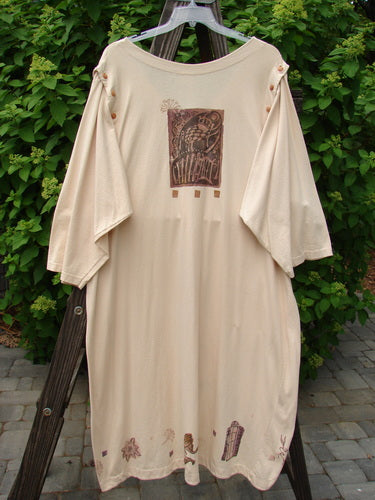 1994 Convertible Coat Spring Garden Tea Dye OSFA with button-on/off sleeves, upward scooped front hemline, and unique painted garden theme.