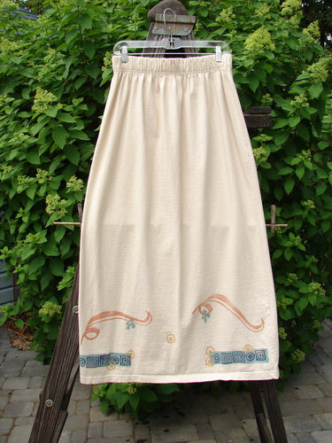 1995 Kick Skirt Resort Travel Champagne Size 2: A white skirt with a pattern, elastic waist, and rear kick pleat. Front painted hemline and waistband accents.
