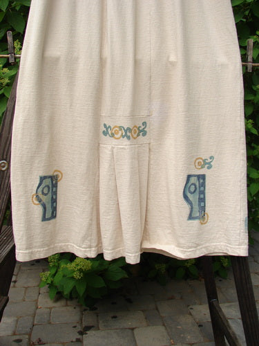 1995 Kick Skirt Resort Travel Champagne Size 2, featuring blue and yellow designs, displayed on a rack with a full thick elastic waist and sassy rear kick pleat.