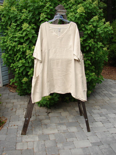 Barclay Linen Urchin Side Pocket Tunic Dress Unpainted Dried Wheat Size 2 displayed on a clothes rack, showcasing a slightly wide V neckline, three-quarter sleeves, and two exterior drop pockets.