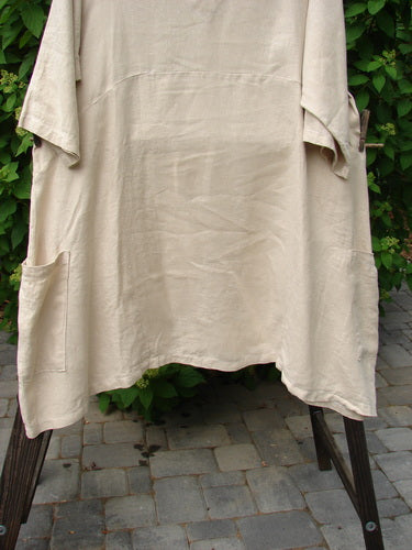 Barclay Linen Urchin Side Pocket Tunic Dress in Unpainted Dried Wheat Size 2, displayed on a clothes rack, showcasing its V neckline, three-quarter sleeves, and exterior drop pockets.