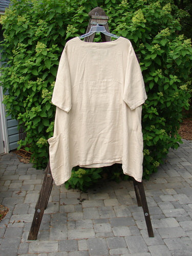 Barclay Linen Urchin Side Pocket Tunic Dress Unpainted Dried Wheat Size 2 displayed on a clothes rack, featuring a wide V neckline, three-quarter sleeves, exterior drop pockets, and empire waist seam.