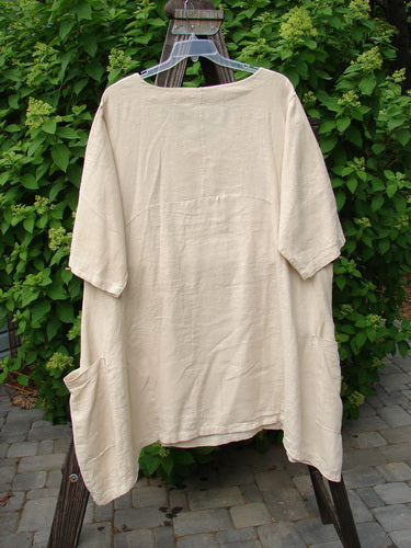 Barclay Linen Urchin Side Pocket Tunic Dress Unpainted Dried Wheat Size 2 displayed on a swing, showcasing its empire waist, V neckline, drop pockets, and three-quarter sleeves.