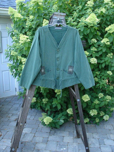 Treehouse Jacket Many Windows Verdigris Size 2 displayed on a wooden stand, featuring a double-paneled V-neck, specialized buttons, front-tie drawcord, varying hemline, and Blue Fish Patch on the back.
