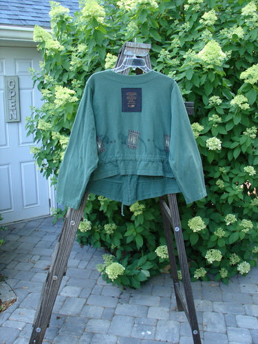 1997 Treehouse Jacket Many Windows Verdigris Size 2 displayed on a wooden ladder, highlighting its unique double paneled V-neck, button line, draw cord flounce, and distinctive Blue Fish patch.