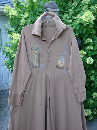 1995 Virginia Woolf Dress Home Tree Cottage Brown Size 2 displayed on a hanger, featuring a sweeping hemline, ribbed accents, full front snap closures, and a drop waistline with deep inseam side pockets.