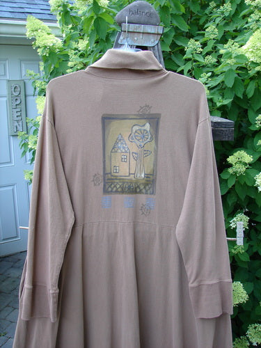 1995 Virginia Woolf Dress Home Tree Cottage Brown Size 2 featuring a front snap closure, ribbed turtleneck, forest-themed painting, drop waistline, and sweeping hemline. Perfect condition, mid-weight cotton.