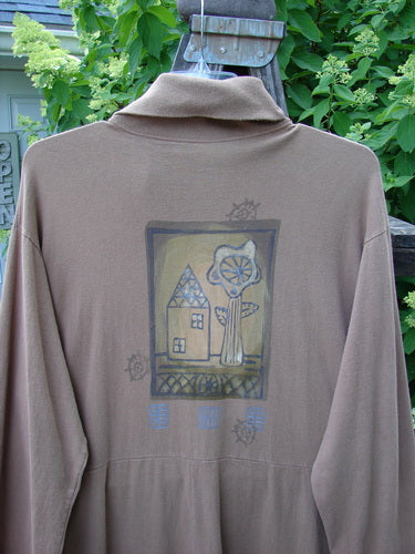 1995 Virginia Woolf Dress Home Tree Cottage Brown Size 2, featuring tiny front snaps, ribbed turtleneck, lower sleeves, drop waistline, deep side pockets, sweeping hemline, and vintage home and forest-themed paint.