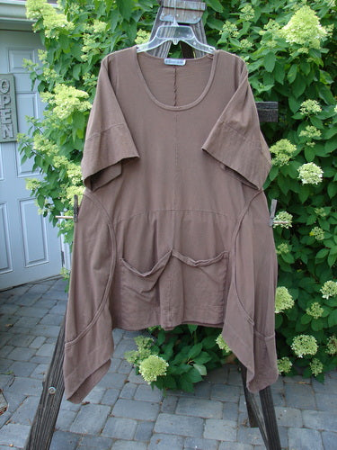 Barclay Double Pocket Bounce Tunic Dress Unpainted Mushroom Size 1 on clothes rack, showcasing wrap-around curvy seams, oversized front pockets, and a scooped hemline. Made of medium weight organic cotton.