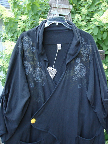 Barclay NWT Hemp Cotton Tidal Jacket Roses Black Size 2, featuring a unique climbing rose design, offset oversized button closure, double rippie ties, and exterior pockets.