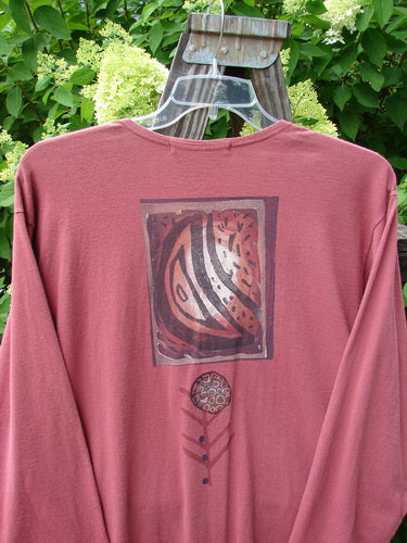 1996 Elements Everyday Jacket Primitive World Ember Size 1 displayed on a wooden stand, showcasing its long sleeves, scribe buttons, oversized painted drop pockets, and slight neckline fade.