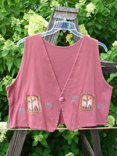 1996 Simple Vest Primitive Ember OSFA featuring a deep V-neck, etched single button closure, scooped back hemline, contrasting front pointed hemline, and blue fish patch with primitive theme paint.