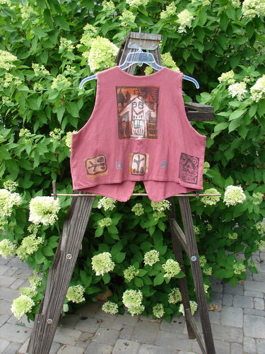 1996 Simple Vest Primitive Ember OSFA featuring a scooped back hemline, etched button closure, deep V neck, and a drawing of a house on the front. Crafted from double-layered organic cotton jersey.