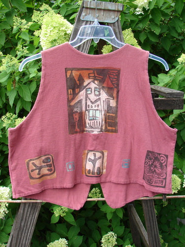 1996 Simple Vest Primitive Ember OSFA: Pink vest with a picture on it, featuring a painting of a house and a close-up of a wood bench.