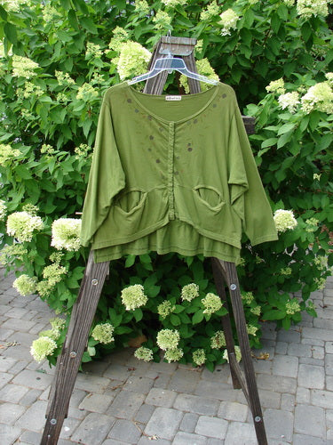 Barclay Snap Off Jacket Wind Yellow Olive Size 0 displayed on a wooden structure, highlighting its front snaps, oval pockets, boatneck line, and unique upward scooped hemline.