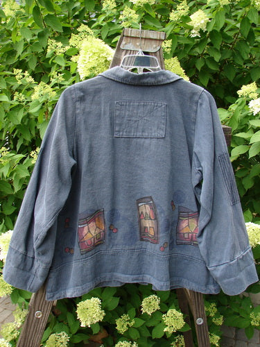 Barclay Patched Open House Canvas Barn Jacket Power Village Blue Jean Stripe Size 1 shown on a hanger, highlighting the stand-up collar, double front pockets, and durable heavy canvas material.