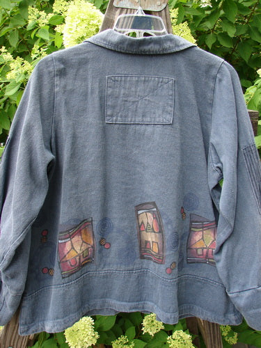 Barclay Patched Open House Canvas Barn Jacket Power Village Blue Jean Stripe Size 1, featuring heavy canvas hemp, double front patches, sectional panels, stand-up collar, and rear patch with painted design.
