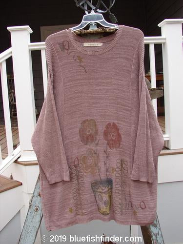 1995 Linear Tunic Top: Long-sleeved sweater with dual flowerpot theme paint, ribbed neckline, and dippy hemline. Twilight Rose Melange.