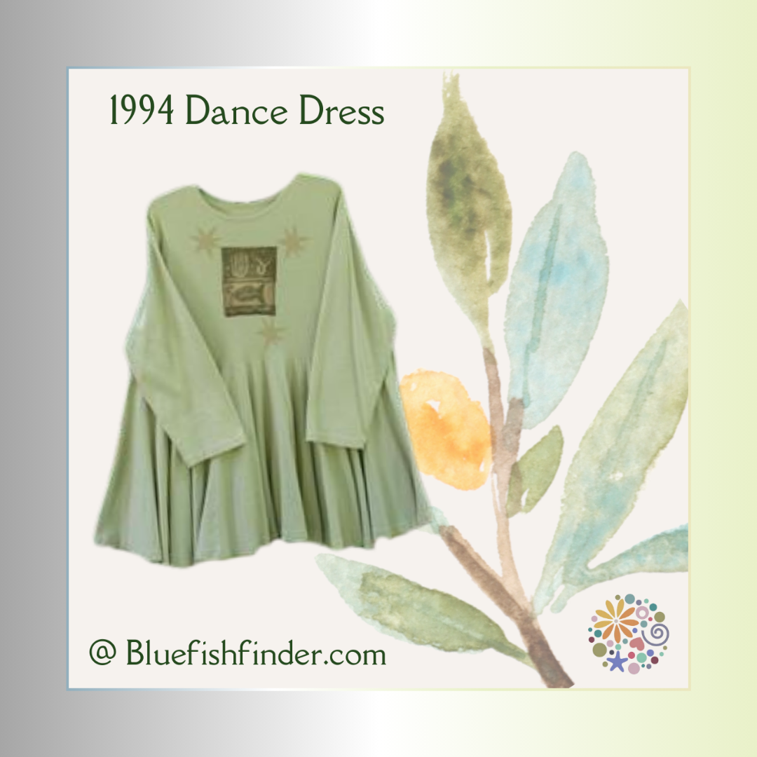 A close-up of a dress called the Dance Dress from the Winter Collection of 1995. A square design and  the bluefishfinder circle logo background adorn a pastel gradient Frame depicting Watercolor leaves and the Blue Fish Finder circle logo.