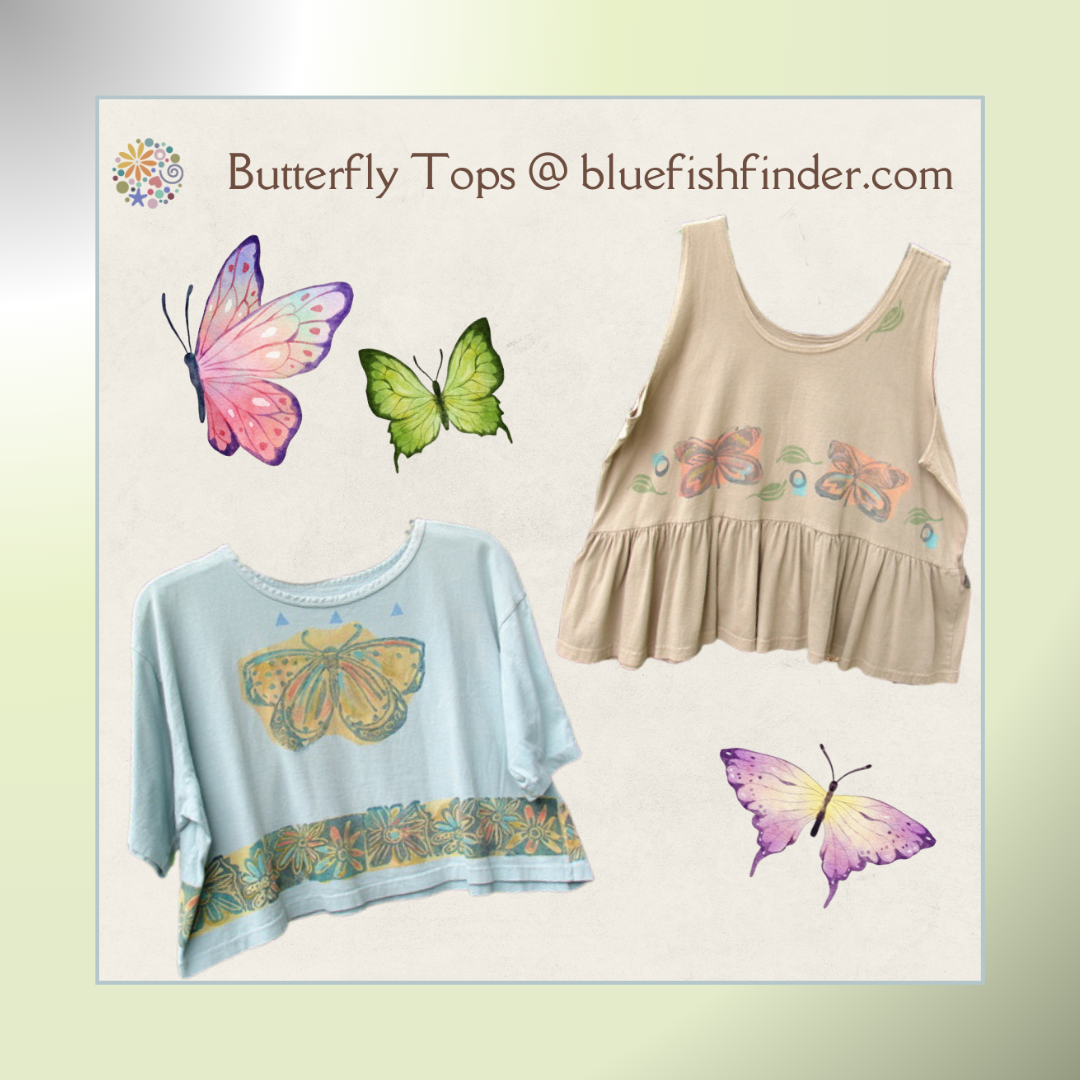 A group of crop shirts featuring butterfly designs, a tan tank top and a purple and yellow butterfly. Background include a pastel gradient frame in greens and grays. Done on a plain tan summer backdrop with the Tiny Blue Fish Finder's Circle logo