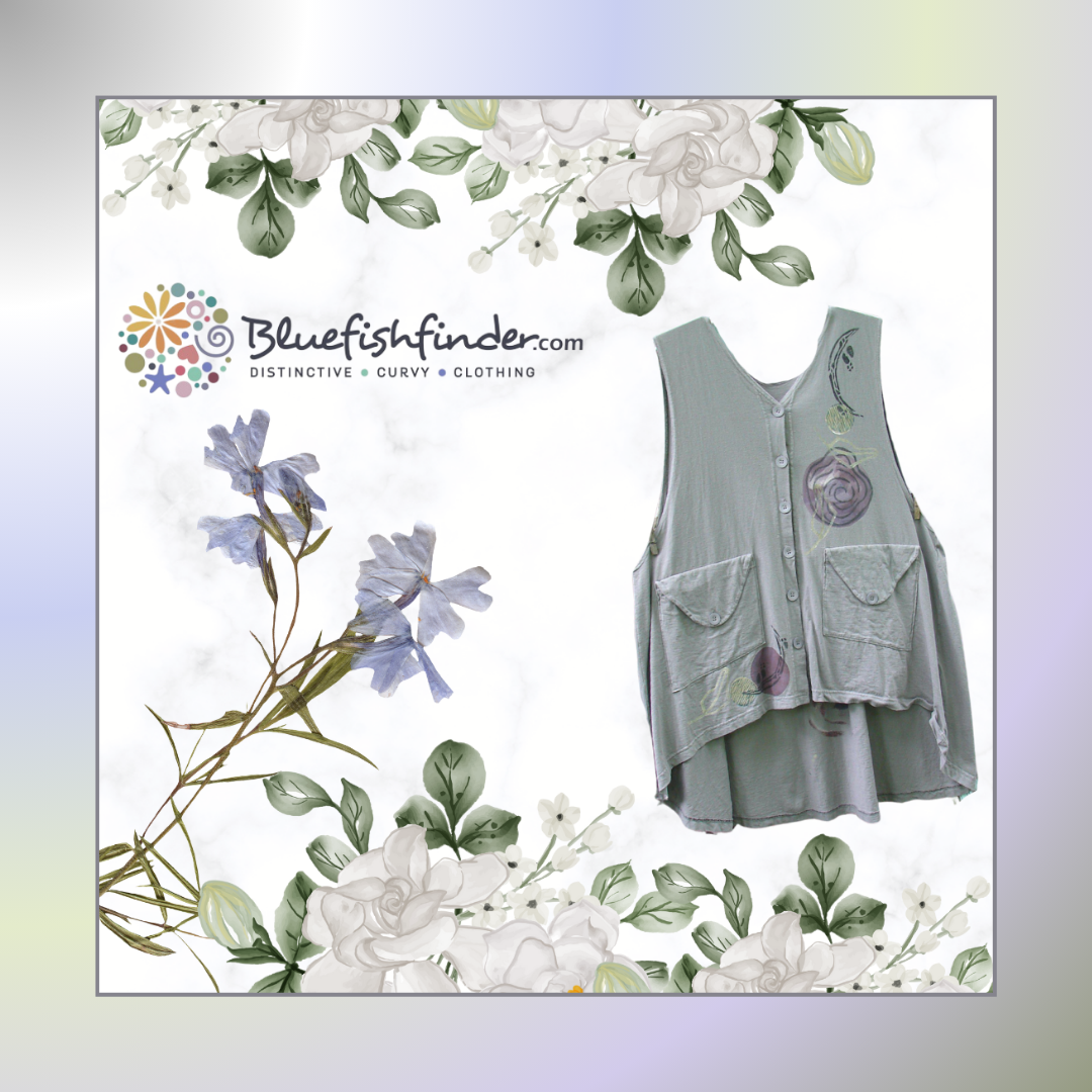 A poster featuring the Love Letter vest, showcasing a grey vest with a design, a grey shirt with floral accents, and close-ups of a flower, logo, leaf, and flowers. Done on a bright white backdrop with the Blue Fish Finder's Circle logo.