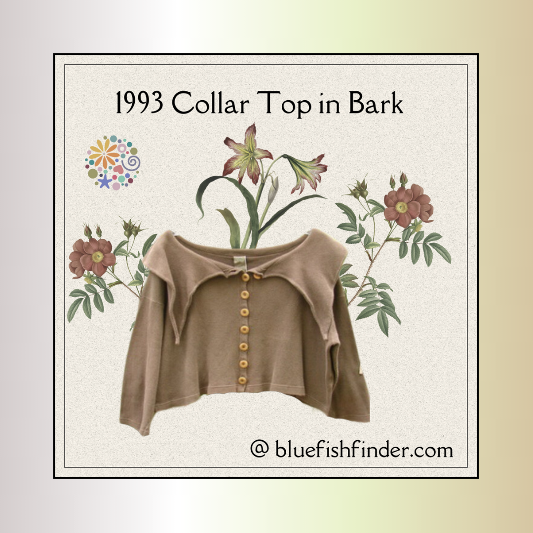 A vintage brown thermal called the collar Top from the winter of 1993 is displayed with an oversized collar and matching buttons on a flower design with a background in a pastel gradient Frame of greens and yellows. Flowers grow from the center.