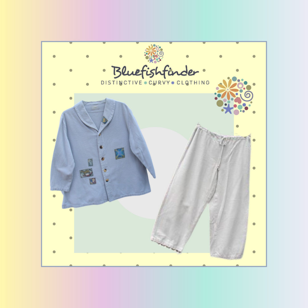 Two vintage Blue Fish Pajama pieces made from Thick Flannel featuring unadorned pants and a pale Blue shirt with a patchwork design. Done on a polka dotted yellow backdrop with the Blue Fish Finder's Circle logo on a gradient background.