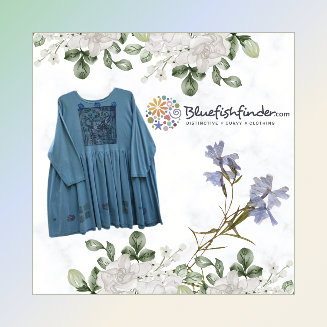 A blue dress with a floral border and the Tea 4 Two art center, featuring a close-up of a logo and flowers on a background in a pastel gradient mat from Bluefishfinder.com. Done on a bright white backdrop with the Blue Fish Finder's Circle logo.