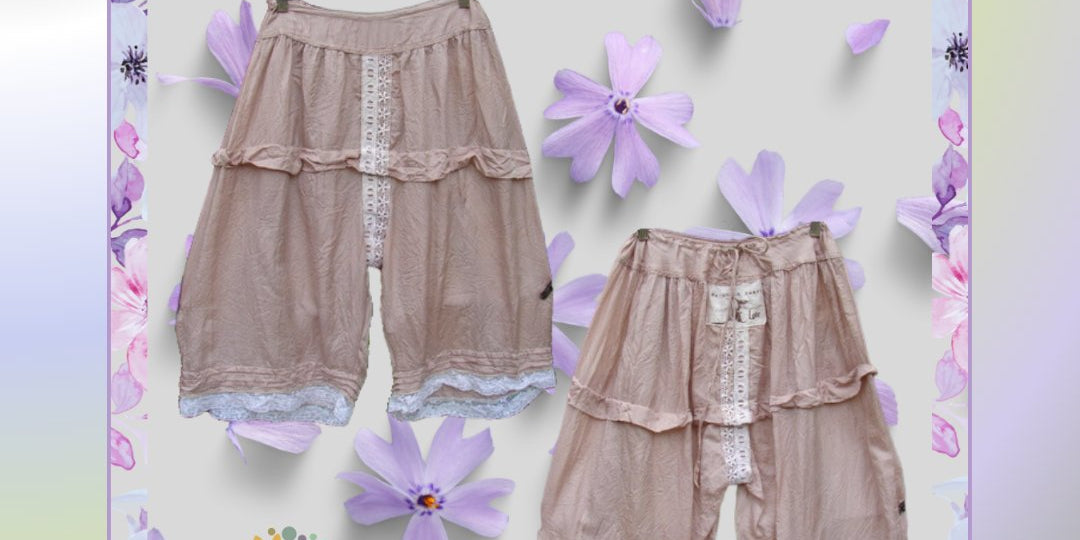 A pair of pants with lace and floral details, pink shorts, and a pants swinger, along with a purple flower and a close-up of a flower by Robin Brown of Magnolia Pearl