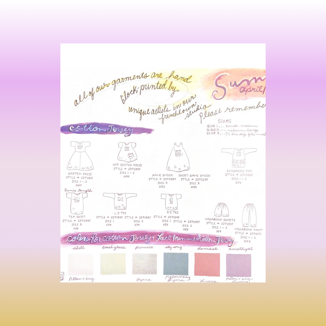 A catalog page from the summer of 1995 done in soft summer hues. Line drawings run along the bottom f the page as do the color swatches for this season. Featured is the first organic Cotton release ever for the Blue Fish Company. 
