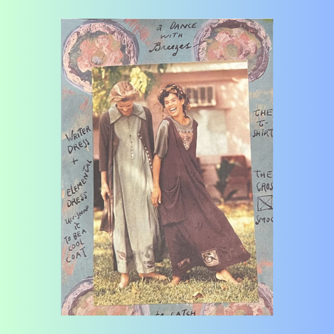 A collection image featuring two models n dresses and layering pieces, showcasing vintage Blue Fish Clothing. The gradient blue and green background blends with the grass and sky and text stats the Writers dress, dance with the breeze.  