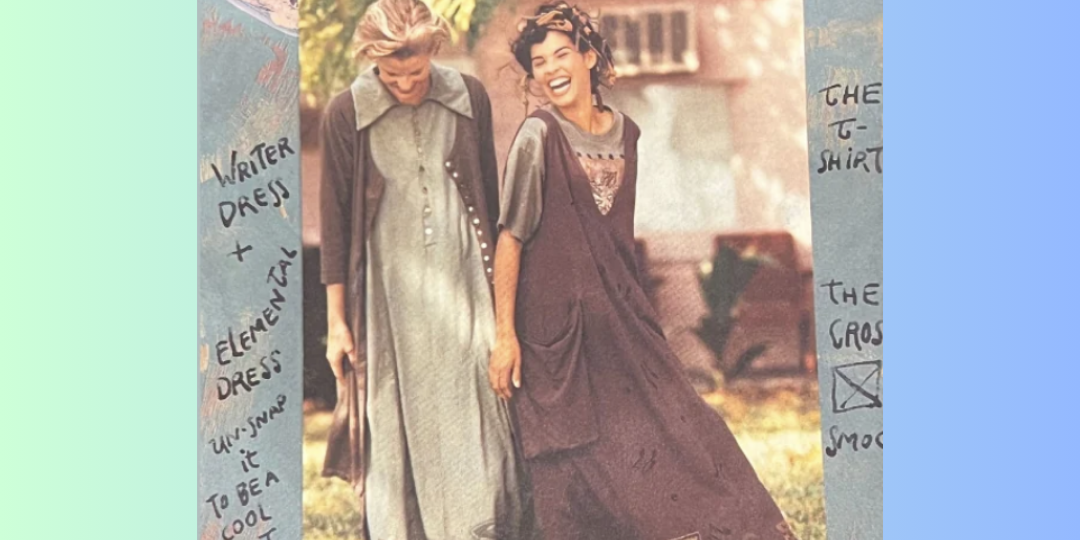 A collection image featuring two models n dresses and layering pieces, showcasing vintage Blue Fish Clothing. The gradient blue and green background blends with the grass and sky and text stats the Writers dress, dance with the breeze.  