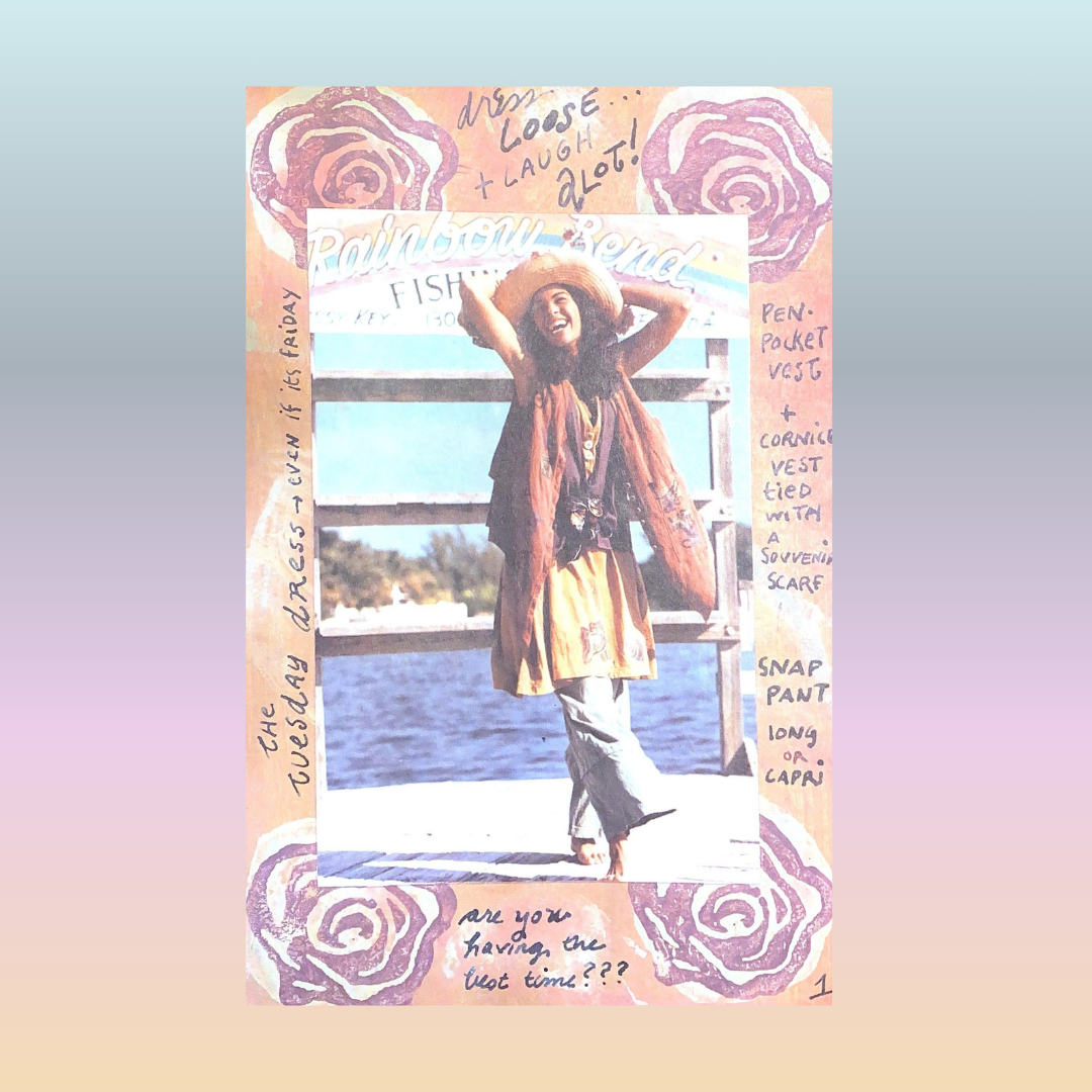 A beachy scene where a model from the summer of 1994 holds her hat so it says on her head from the ocean breeze. She is barefooted and raises her arms celebrating the freedom she feels from her Blue Fish Clothing layered outfit. Colors are all pastels.