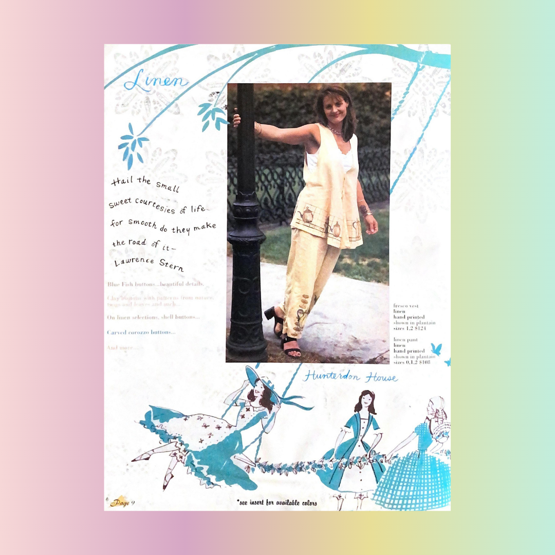 A Model leans out holding a street pole with one arm wearing the linen collection from Summer 1999 in plantain. There is grass and a while picket fence in the background. Aqua line drawings run across the bottom of the page in a vintage vibe.