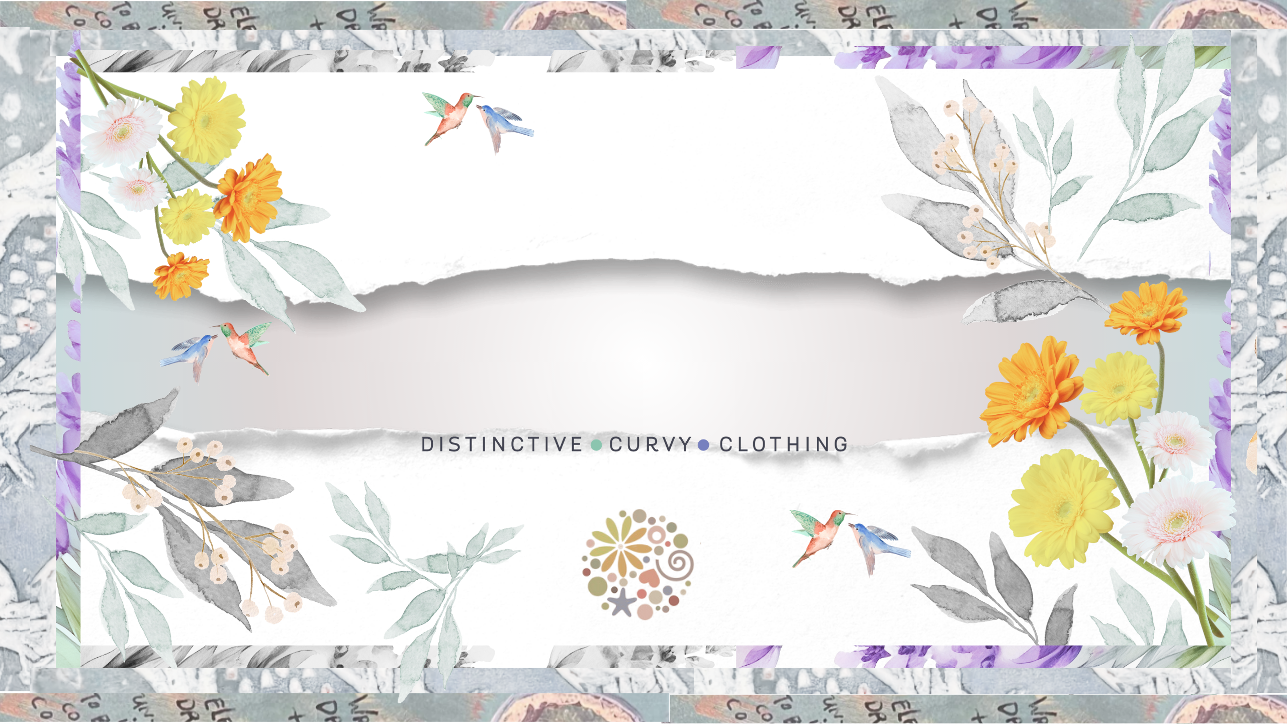 Stylized label featuring seven pressed blue flowers with green stems, a multicolored floral-doodle logo, and hand-lettered text: “1999 Organic Cotton Silverware Top,” surrounded by a patchwork-style decorative border.